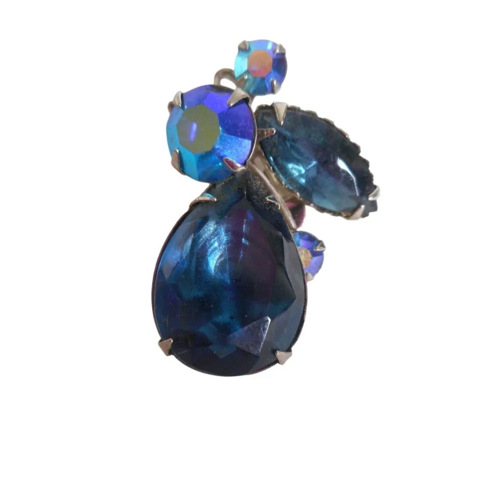 Vintage Blue Rhinestone Beau Jewels Clip on cluster earrings Estate Costume - Picture 2 of 4